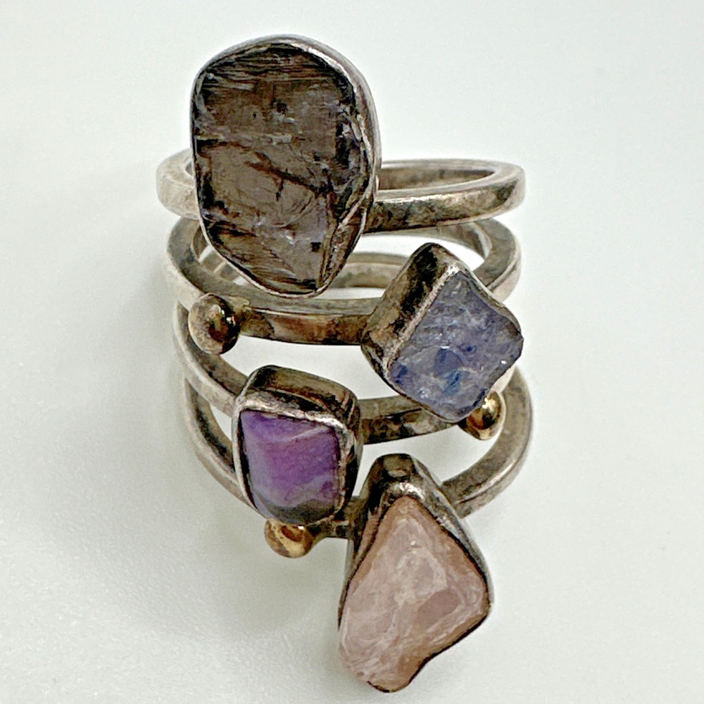Lilly Barrack Artisan Sterling & 14k Gold 4 Gemstone Ring S 7.5 14g